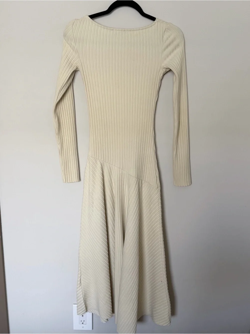 Zara Cream Ribbed Long Sleeve Midi Fit-and-Flare Dress